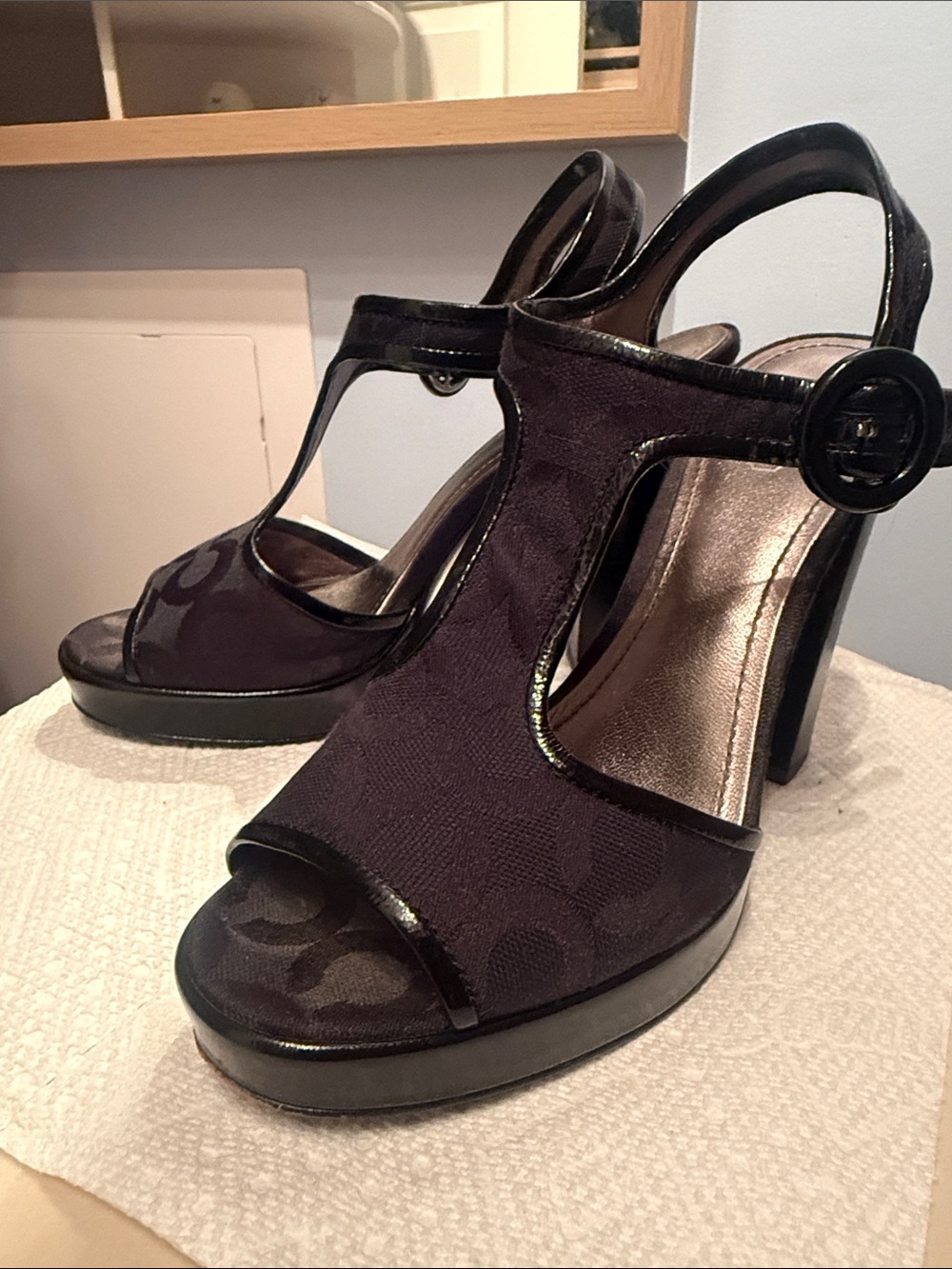 Coach Black Logo T-Strap Platform Heels